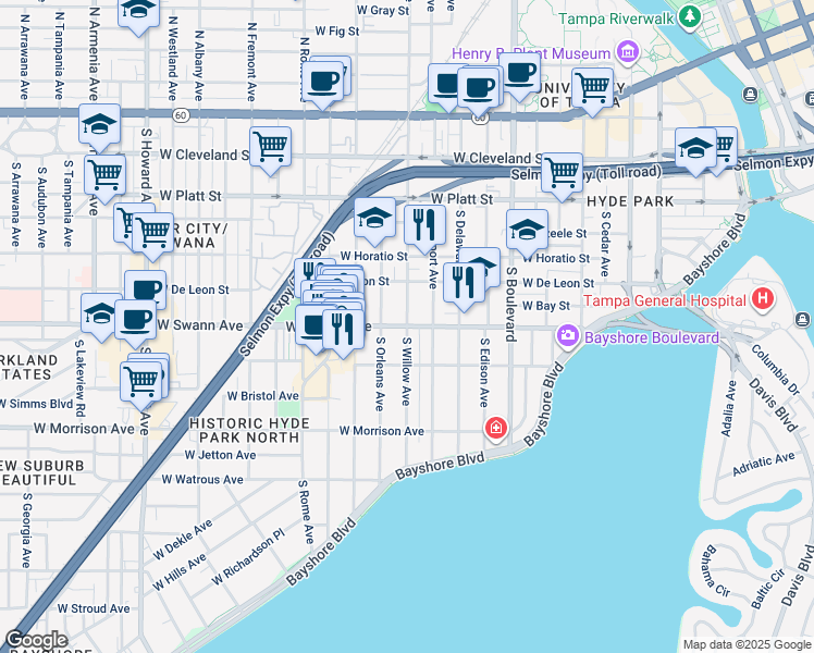 map of restaurants, bars, coffee shops, grocery stores, and more near West Swann Avenue & South Willow Avenue in Tampa