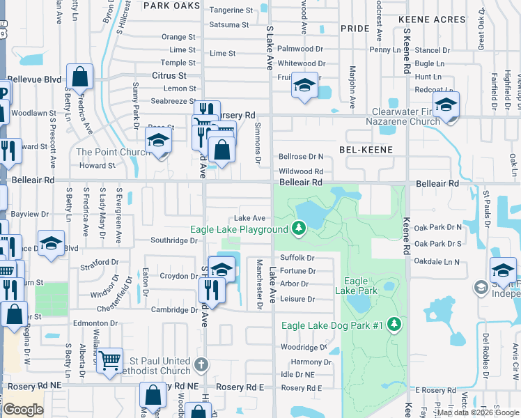 map of restaurants, bars, coffee shops, grocery stores, and more near 1621 Lake Avenue in Clearwater
