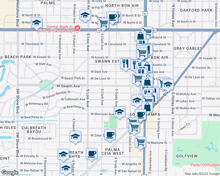 map of restaurants, bars, coffee shops, grocery stores, and more near 4004 West Swann Avenue in Tampa