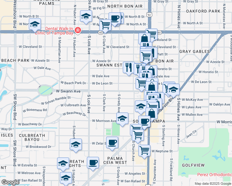 map of restaurants, bars, coffee shops, grocery stores, and more near 4004 West Swann Avenue in Tampa