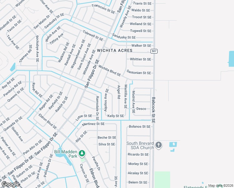 map of restaurants, bars, coffee shops, grocery stores, and more near 2312 Angel Road in Palm Bay