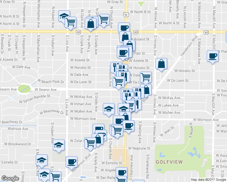 map of restaurants, bars, coffee shops, grocery stores, and more near 3809 Villas Del Sol Court in Tampa