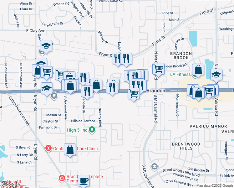 map of restaurants, bars, coffee shops, grocery stores, and more near 1095 East Brandon Boulevard in Brandon