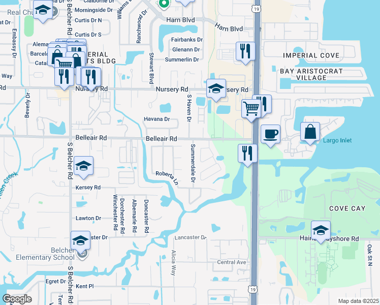 map of restaurants, bars, coffee shops, grocery stores, and more near 1624 Summerdale Drive in Clearwater