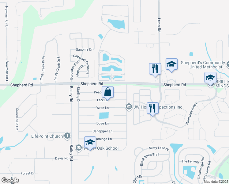 map of restaurants, bars, coffee shops, grocery stores, and more near 3180 Peacock Lane in Mulberry