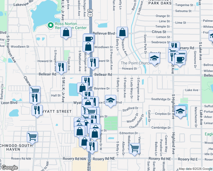 map of restaurants, bars, coffee shops, grocery stores, and more near 1631 Young Avenue in Clearwater