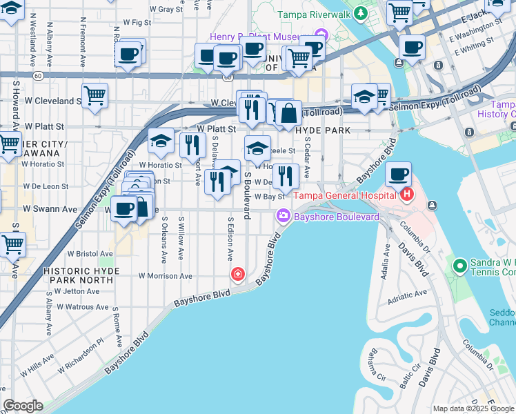 map of restaurants, bars, coffee shops, grocery stores, and more near 715 West Swann Avenue in Tampa
