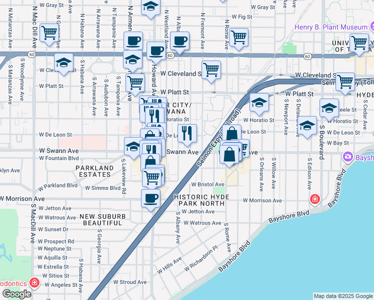 map of restaurants, bars, coffee shops, grocery stores, and more near 2111 West Swann Avenue in Tampa