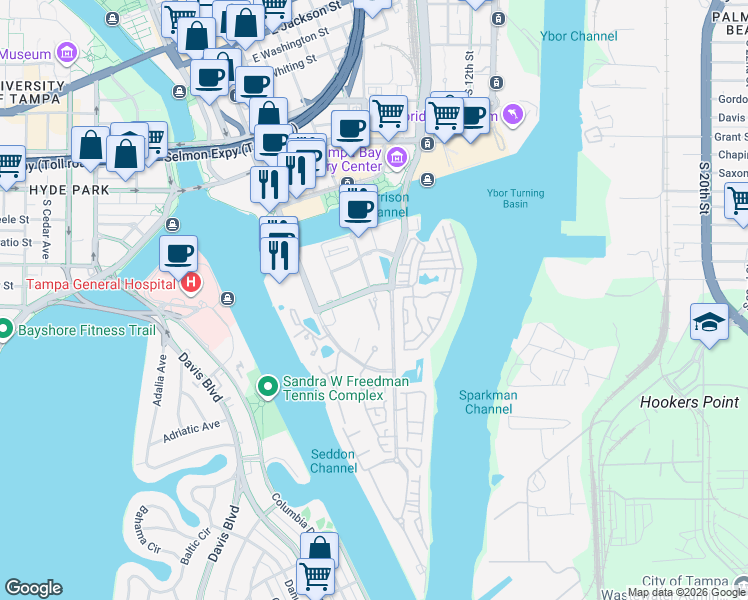 map of restaurants, bars, coffee shops, grocery stores, and more near 501 Knights Run Avenue in Tampa