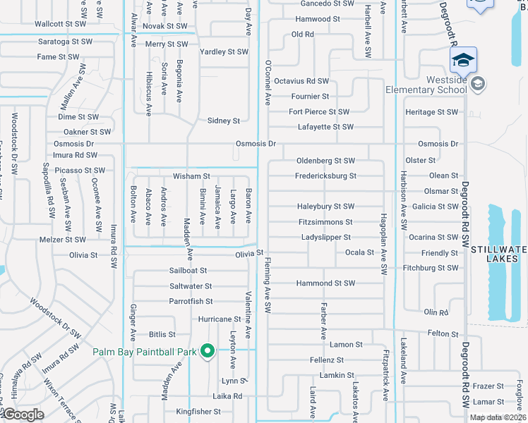 map of restaurants, bars, coffee shops, grocery stores, and more near 2408 Fleming Avenue Southwest in Palm Bay