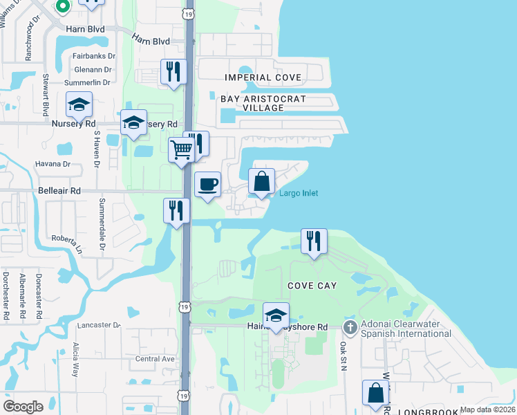 map of restaurants, bars, coffee shops, grocery stores, and more near 2724 Via Murano in Clearwater