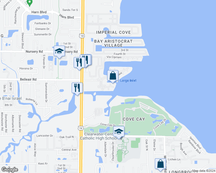 map of restaurants, bars, coffee shops, grocery stores, and more near 2724 Via Murano in Clearwater