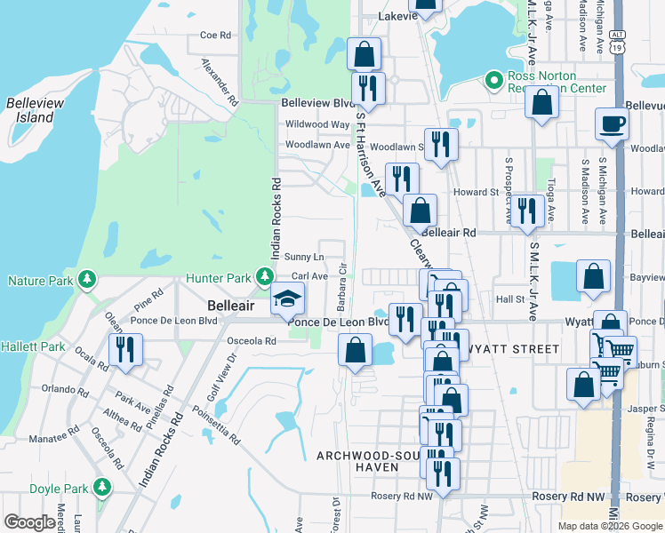 map of restaurants, bars, coffee shops, grocery stores, and more near 331 Shirley Avenue in Clearwater