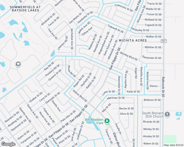 map of restaurants, bars, coffee shops, grocery stores, and more near 1276 Rayfield Street Southeast in Palm Bay