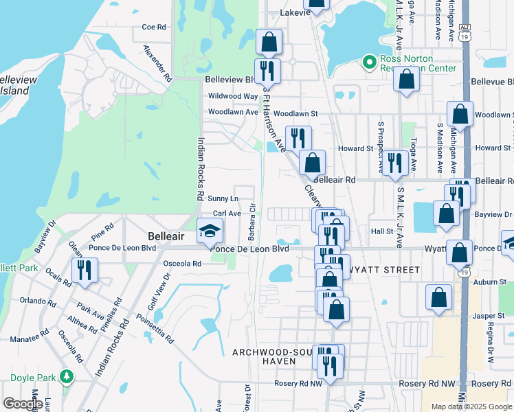 map of restaurants, bars, coffee shops, grocery stores, and more near 335 Barbara Circle in Belleair