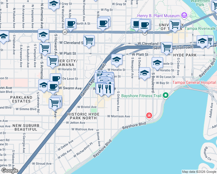 map of restaurants, bars, coffee shops, grocery stores, and more near 727 South Dakota Avenue in Tampa