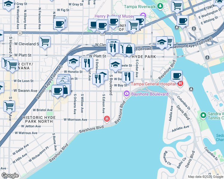 map of restaurants, bars, coffee shops, grocery stores, and more near 715 West Swann Avenue in Tampa