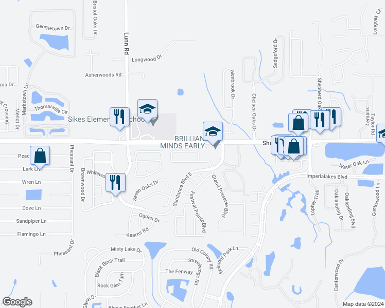 map of restaurants, bars, coffee shops, grocery stores, and more near 4360 Moon Shadow Loop in Mulberry