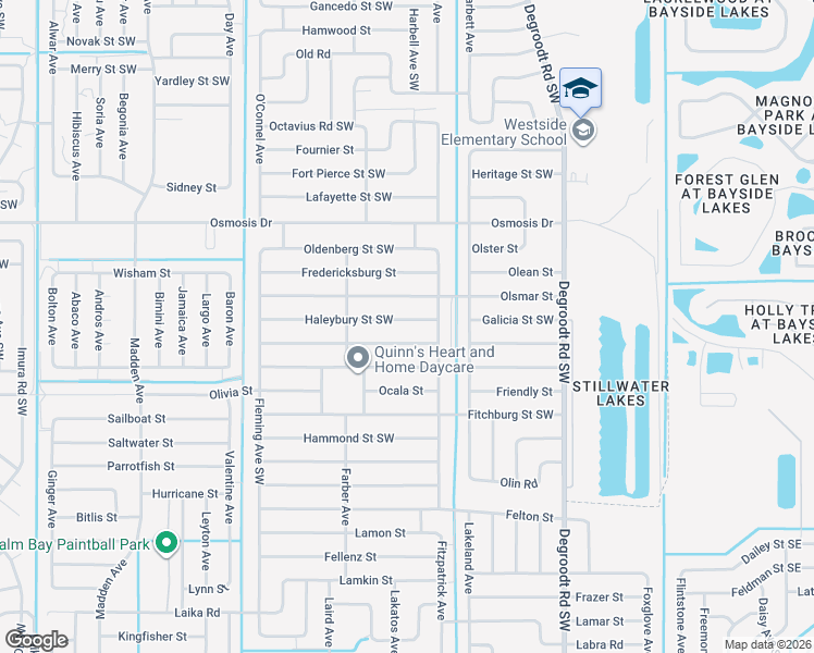 map of restaurants, bars, coffee shops, grocery stores, and more near 434 Haleybury Street Southwest in Palm Bay