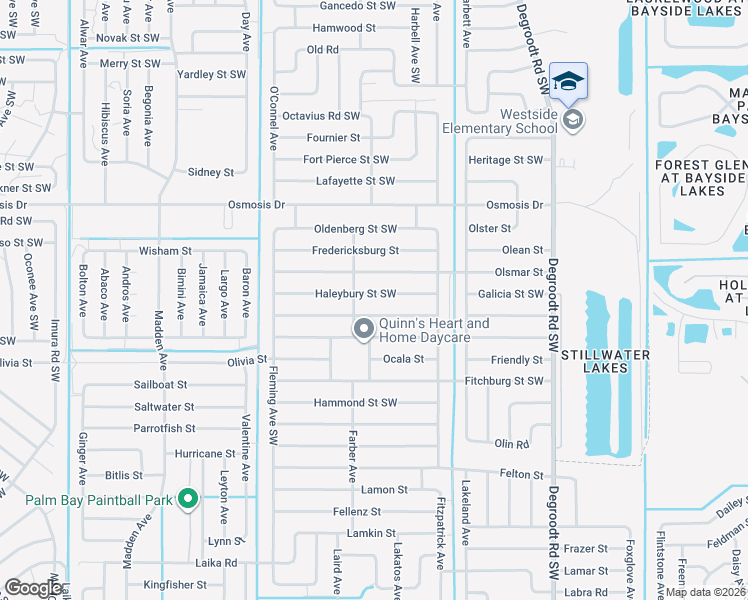 map of restaurants, bars, coffee shops, grocery stores, and more near 482 Haleybury Street Southwest in Palm Bay