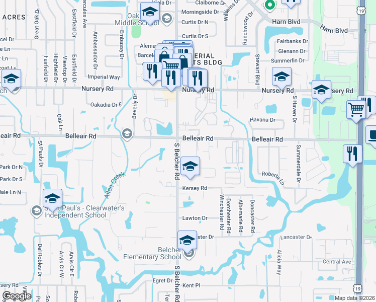 map of restaurants, bars, coffee shops, grocery stores, and more near 2207 Belleair Road in Clearwater