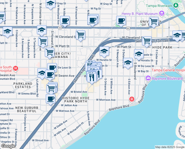 map of restaurants, bars, coffee shops, grocery stores, and more near 1601 West Swann Avenue in Tampa