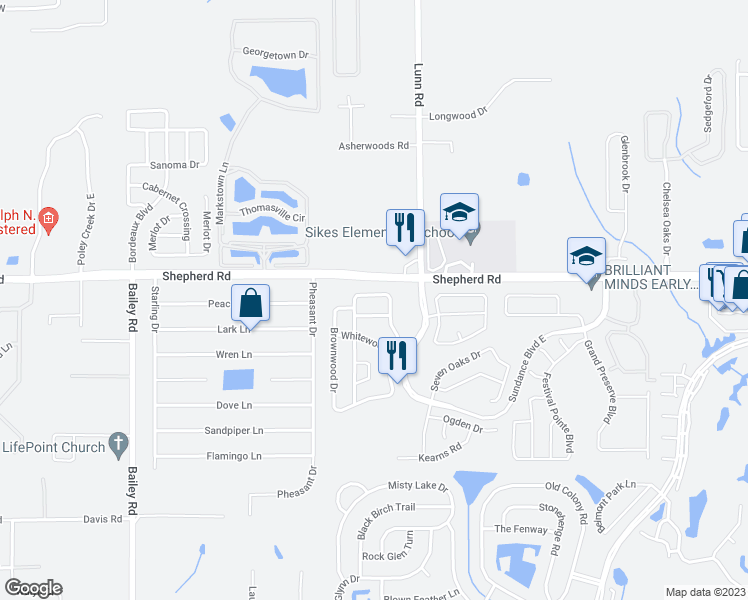 map of restaurants, bars, coffee shops, grocery stores, and more near 2217 Blackwood Drive in Mulberry