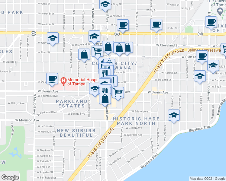 map of restaurants, bars, coffee shops, grocery stores, and more near 2111 West Swann Avenue in Tampa