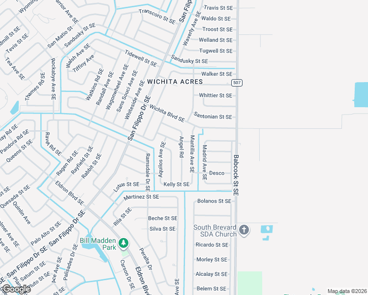 map of restaurants, bars, coffee shops, grocery stores, and more near 2312 Angel Road in Palm Bay