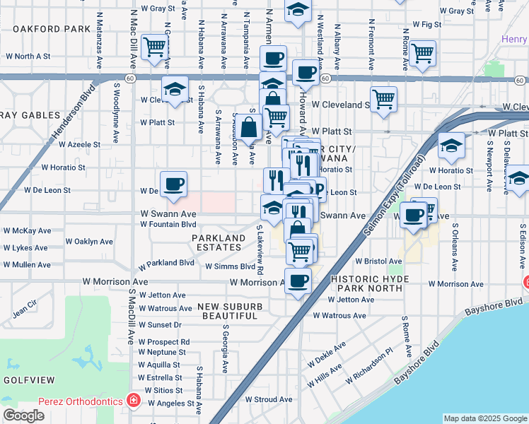 map of restaurants, bars, coffee shops, grocery stores, and more near 2405 West Swann Avenue in Tampa