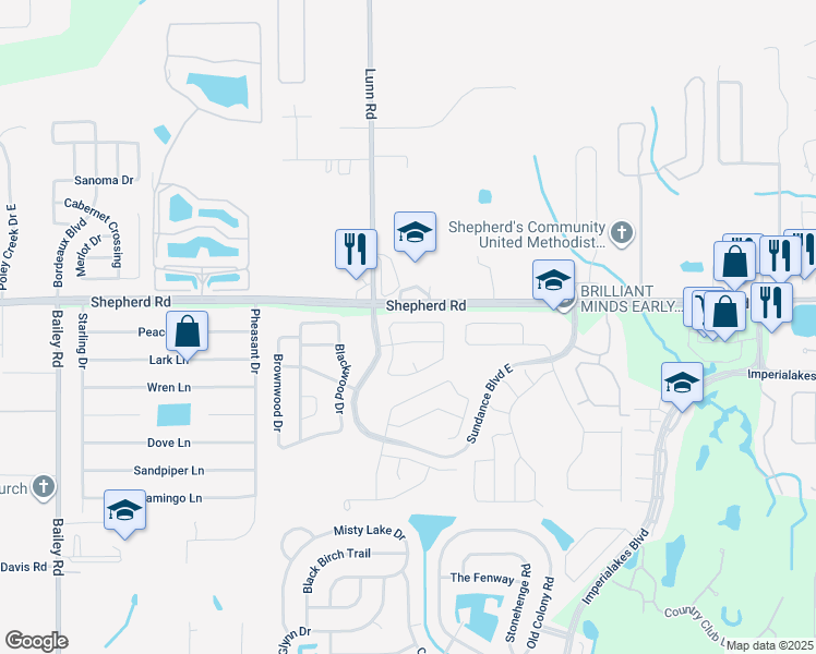 map of restaurants, bars, coffee shops, grocery stores, and more near 2706 Sundance Circle in Mulberry