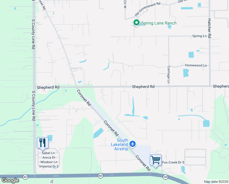 map of restaurants, bars, coffee shops, grocery stores, and more near 5855 Skylane Road in Mulberry