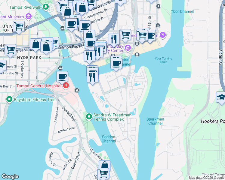 map of restaurants, bars, coffee shops, grocery stores, and more near Knights Run Avenue in Tampa