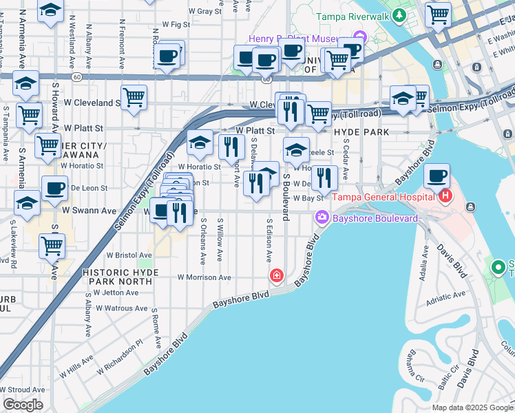 map of restaurants, bars, coffee shops, grocery stores, and more near 1005 West Swann Avenue in Tampa