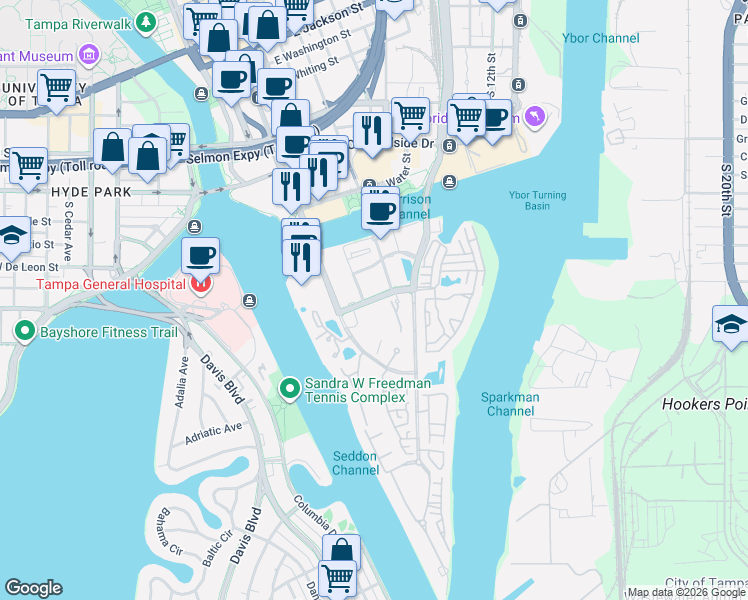map of restaurants, bars, coffee shops, grocery stores, and more near Knights Run Avenue in Tampa