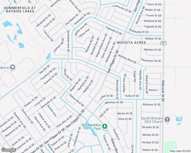 map of restaurants, bars, coffee shops, grocery stores, and more near 1371 Rabbit Street Southeast in Palm Bay