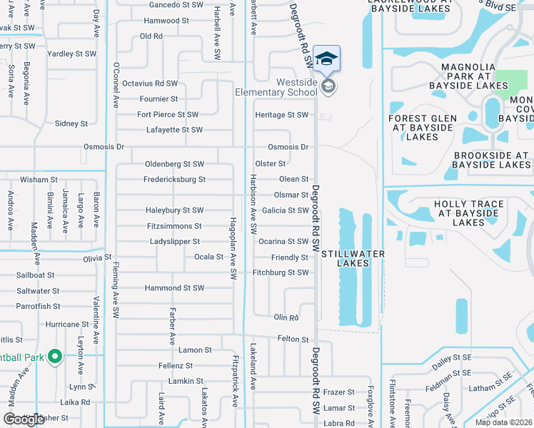 map of restaurants, bars, coffee shops, grocery stores, and more near 374 Galicia Street Southwest in Palm Bay