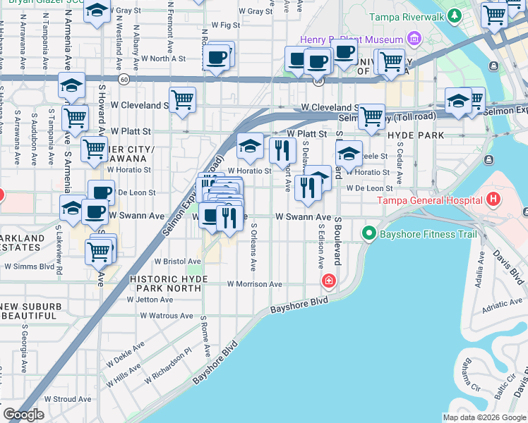 map of restaurants, bars, coffee shops, grocery stores, and more near 1303 West Swann Avenue in Tampa