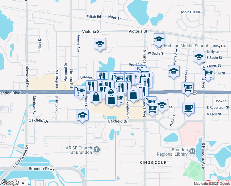 map of restaurants, bars, coffee shops, grocery stores, and more near 1015 W Brandon Blvd in Brandon