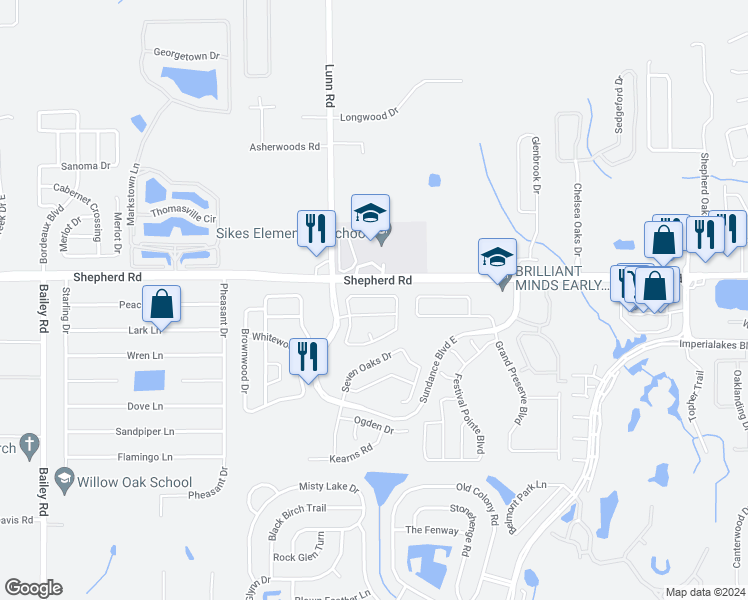 map of restaurants, bars, coffee shops, grocery stores, and more near 2698 Sundance Circle in Mulberry