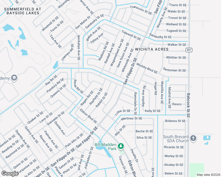 map of restaurants, bars, coffee shops, grocery stores, and more near 1371 Rabbit Street Southeast in Palm Bay