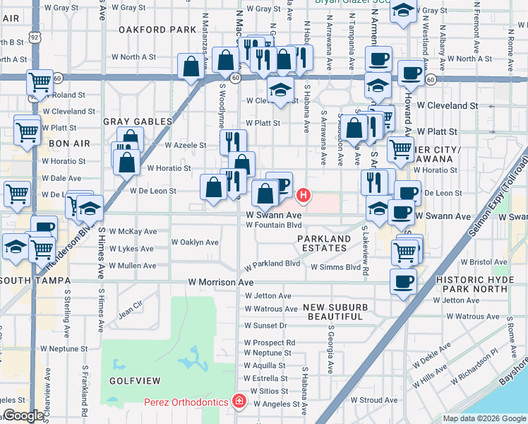 map of restaurants, bars, coffee shops, grocery stores, and more near 627 Swann Drive in Tampa