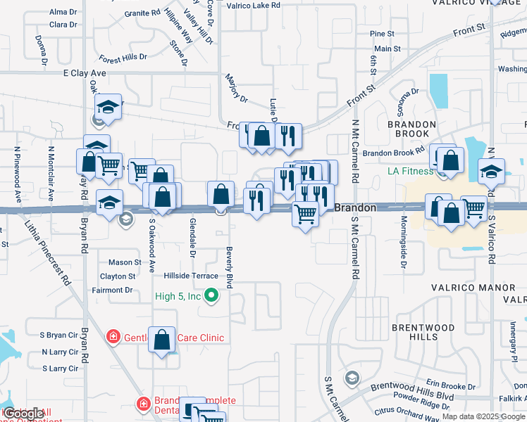 map of restaurants, bars, coffee shops, grocery stores, and more near 1095 East Brandon Boulevard in Brandon