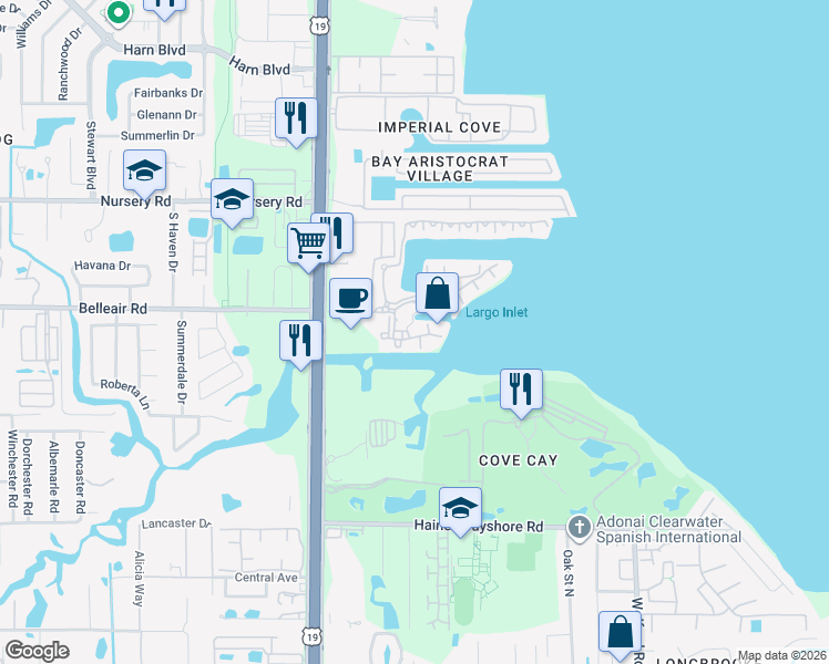 map of restaurants, bars, coffee shops, grocery stores, and more near 2724 Via Murano in Clearwater