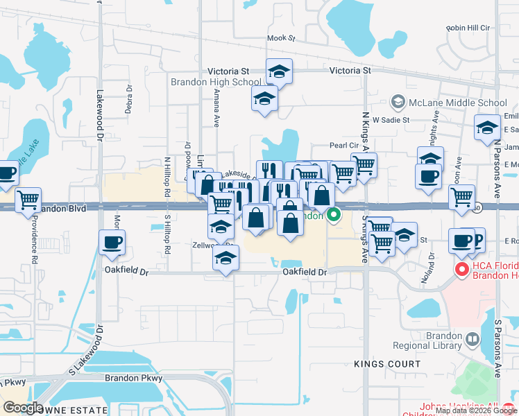 map of restaurants, bars, coffee shops, grocery stores, and more near 1201 West Brandon Boulevard in Brandon