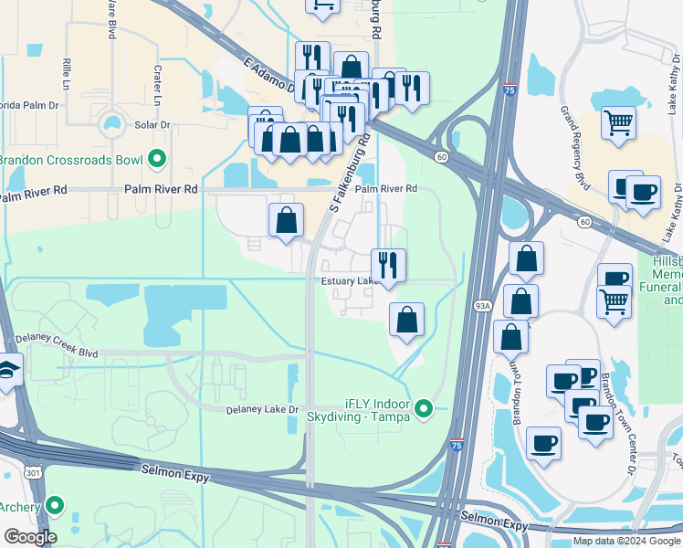 map of restaurants, bars, coffee shops, grocery stores, and more near 1241 Iris Lake Drive in Tampa