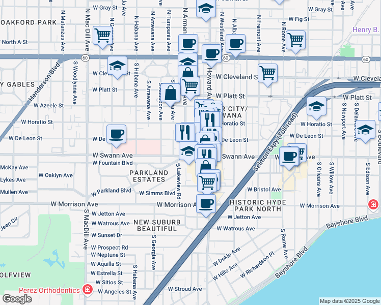 map of restaurants, bars, coffee shops, grocery stores, and more near 2405 West Swann Avenue in Tampa