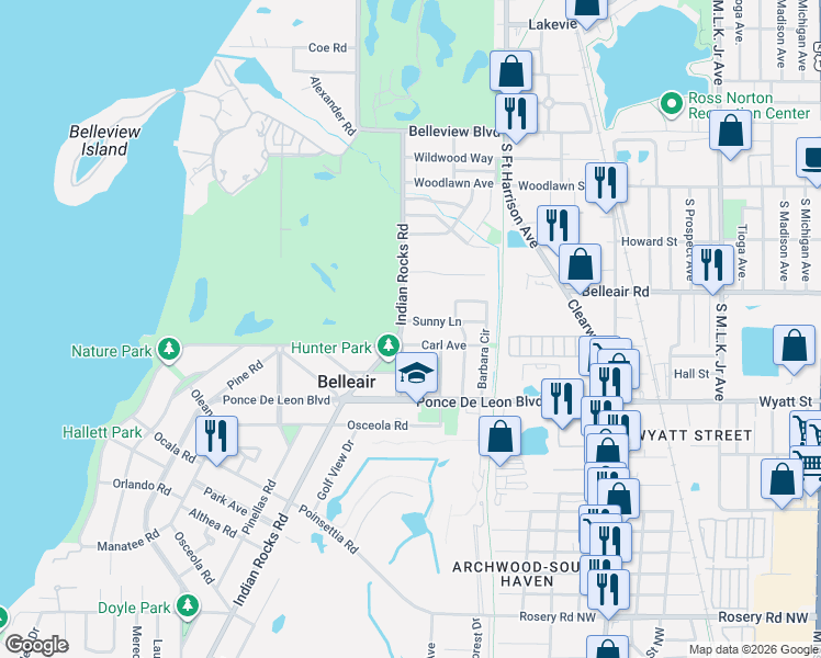 map of restaurants, bars, coffee shops, grocery stores, and more near 303 Sunny Lane in Belleair