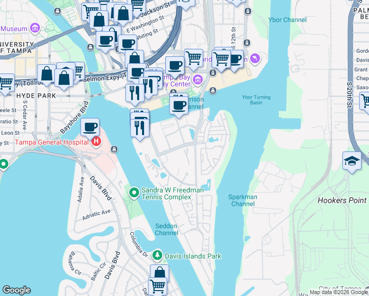 map of restaurants, bars, coffee shops, grocery stores, and more near 501 Knights Run Avenue in Tampa