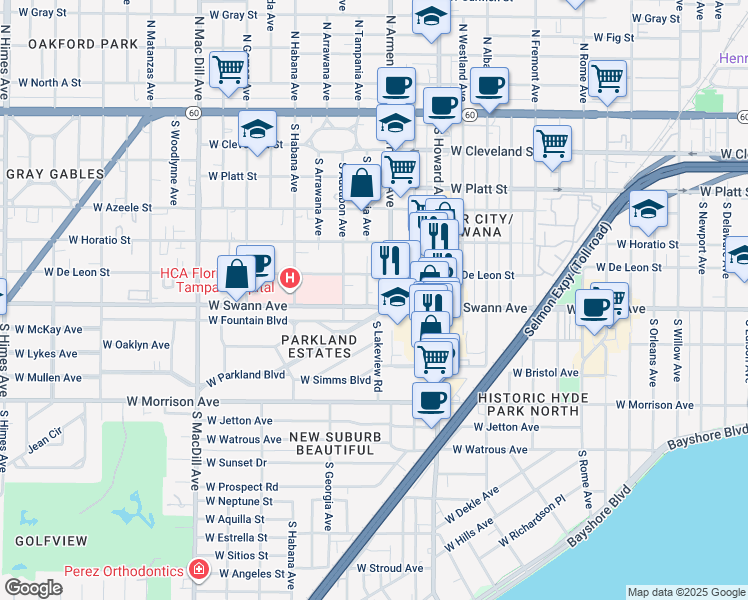 map of restaurants, bars, coffee shops, grocery stores, and more near 2615 West Swann Avenue in Tampa